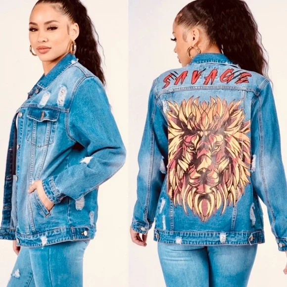 JACKET: “SAVAGE “ Lion Print Button-Down Denim Jean, EUC - Picture 4 of 7